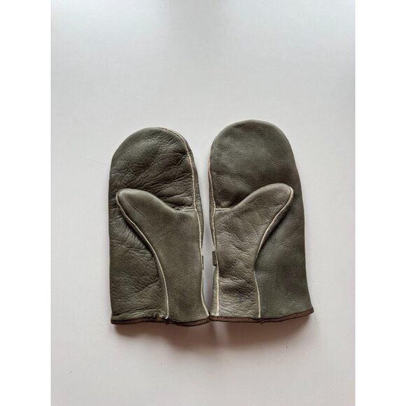 Vintage Unbranded Grey Olive Green Leather Mittens Gloves - Picture 7 of 16